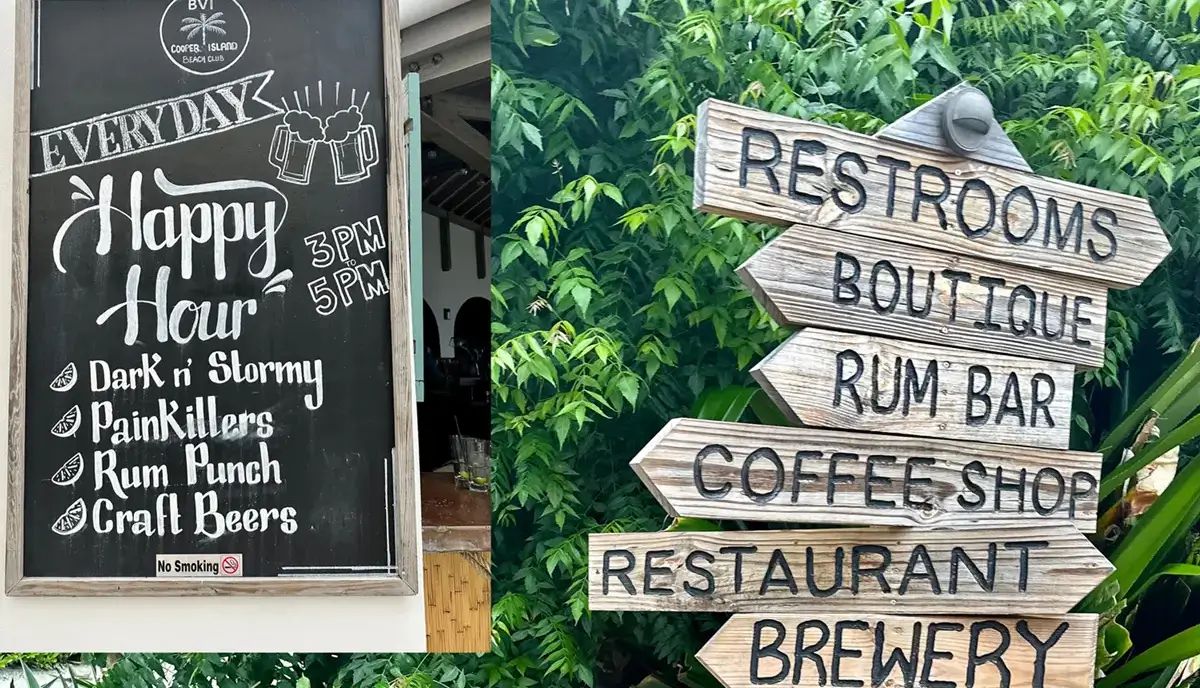 Cooper Island Beach Club rum bar and directional signs BVI
