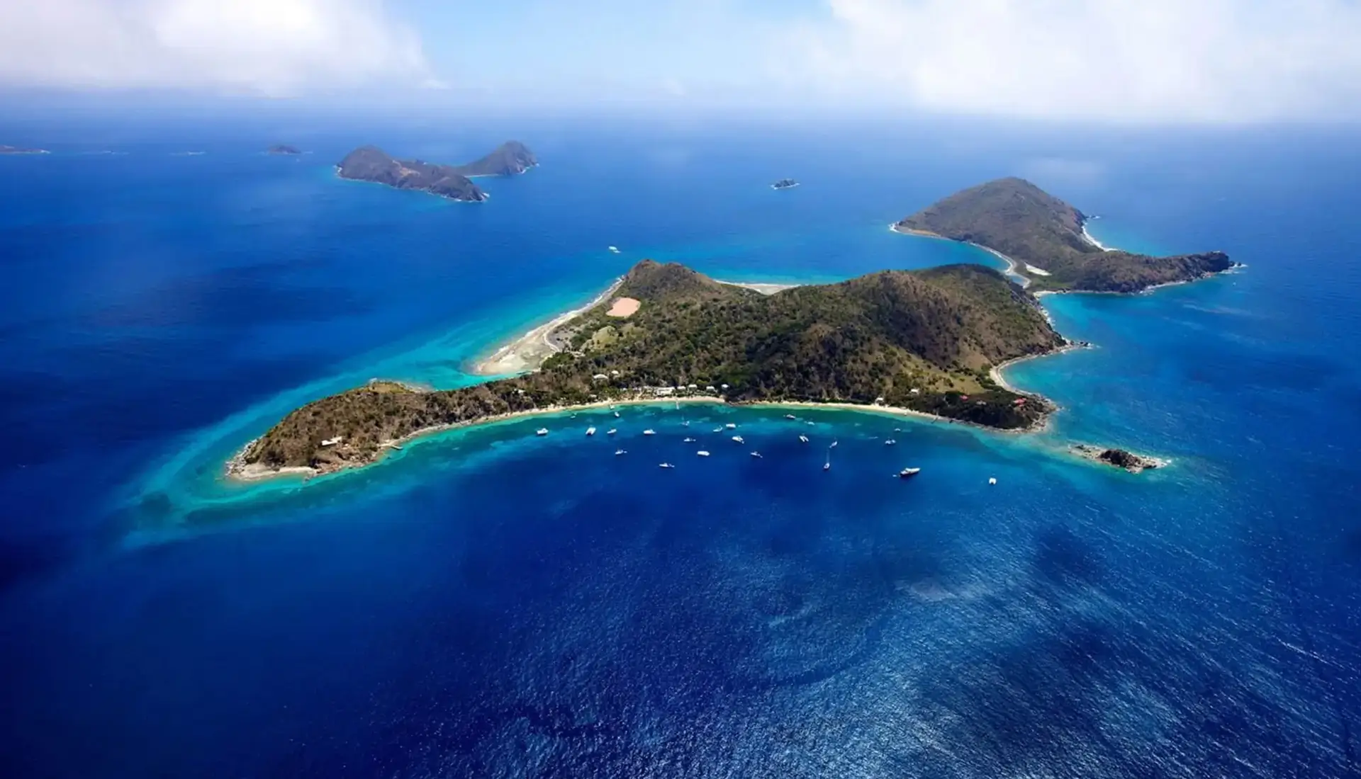Aerial view of Cooper Island BVI showing Manchioneel Bay and mooring field