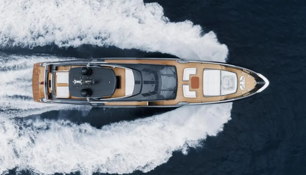 Lady First yacht underway in the Bahamas, top-down drone view
