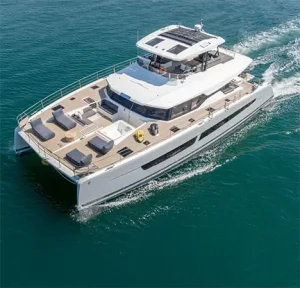 Aerial view of CORE Power Catamaran underway showing foredeck and flybridge.