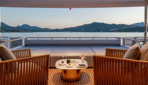 Aft deck lounge with drinks and ocean backdrop at sunset
