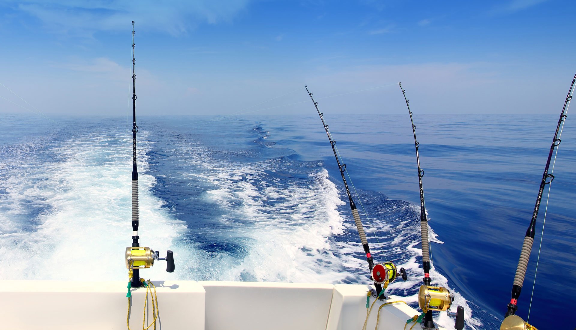Trolling fishing rods set up on the back of a yacht in the Virgin Islands.