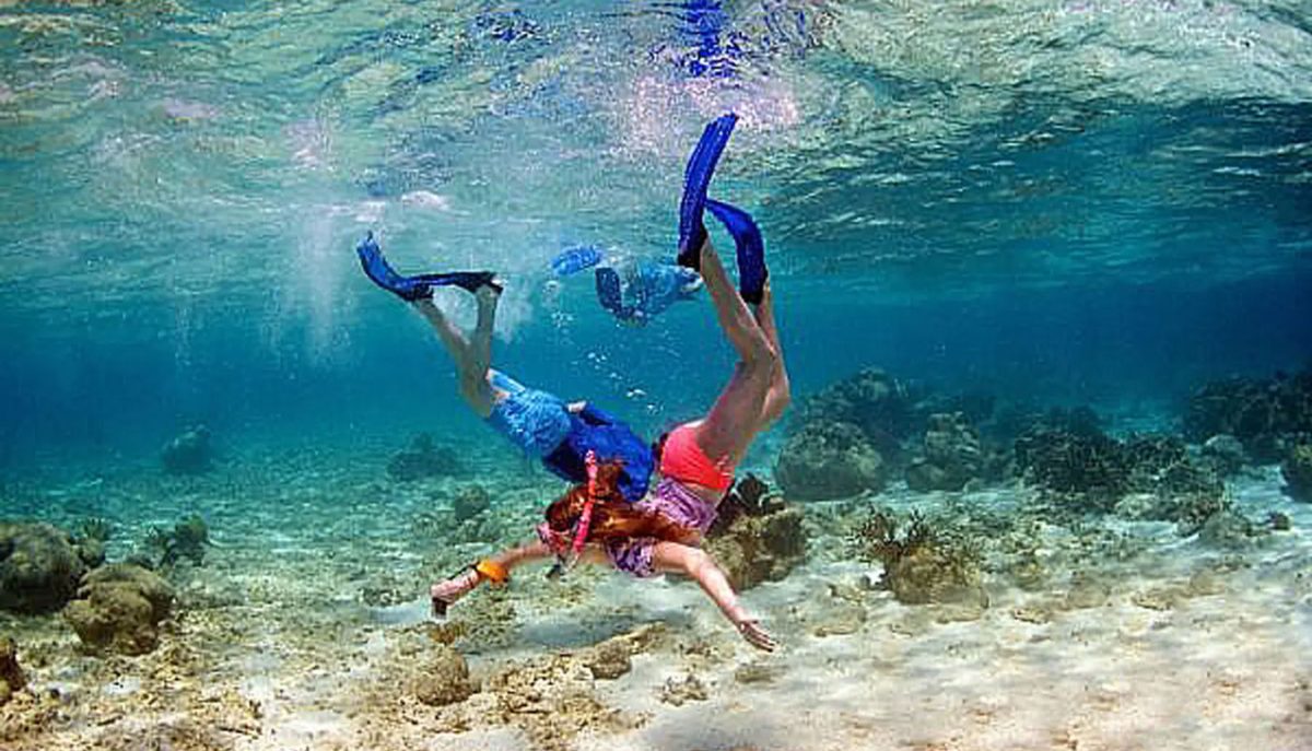 Children snorkeling together at Eustatia Reef during a family yacht charter in the Virgin Islands