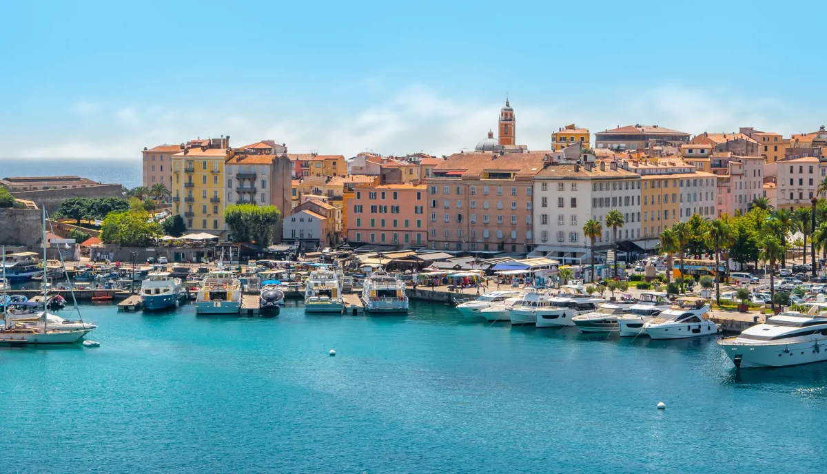 Ajaccio harbor marina with colorful waterfront buildings Corsica capital