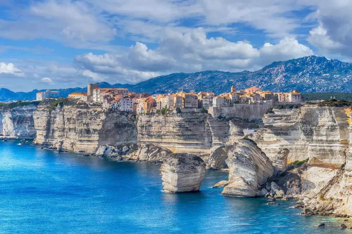 Bonifacio white limestone cliffs with medieval citadel perched on top Corsica