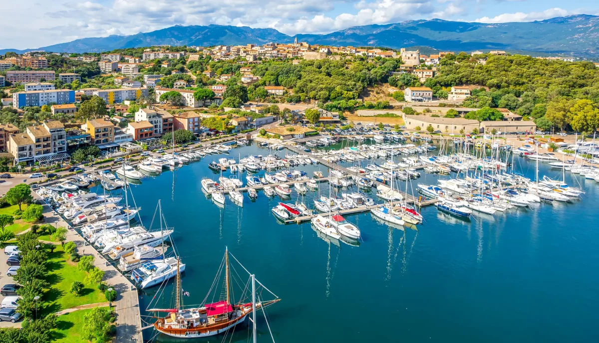 Aerial view Porto Vecchio marina and harbor with yachts Corsica
