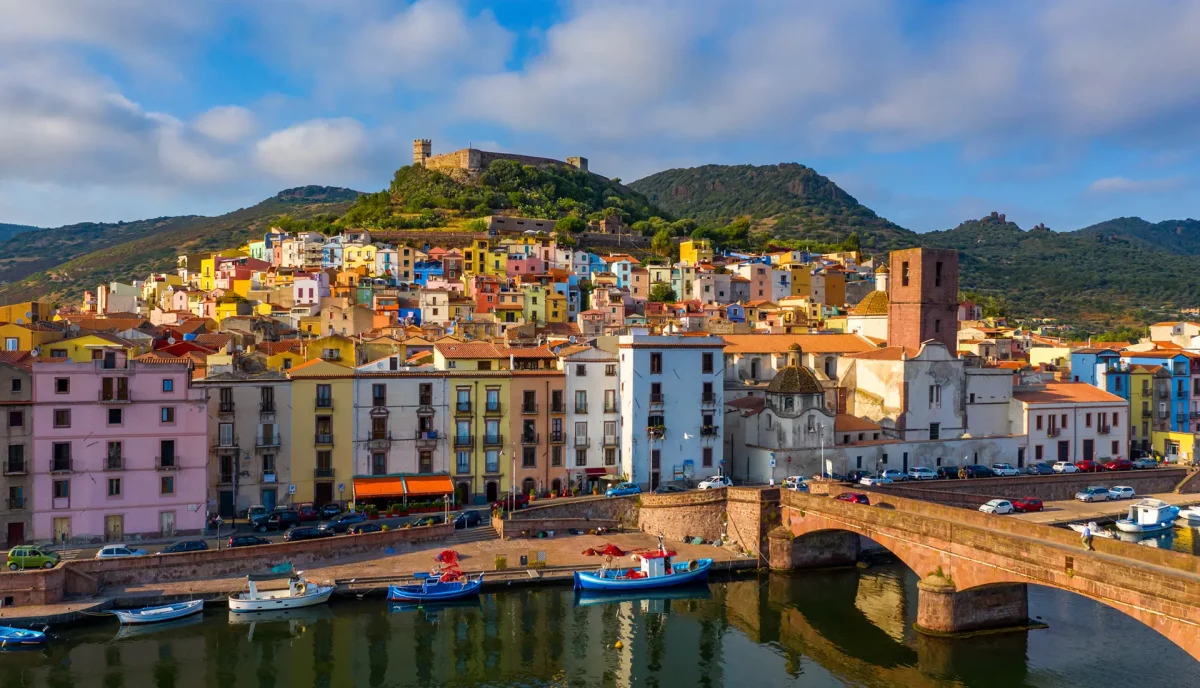 Bosa colorful riverside houses along Temo River Sardinia Italy