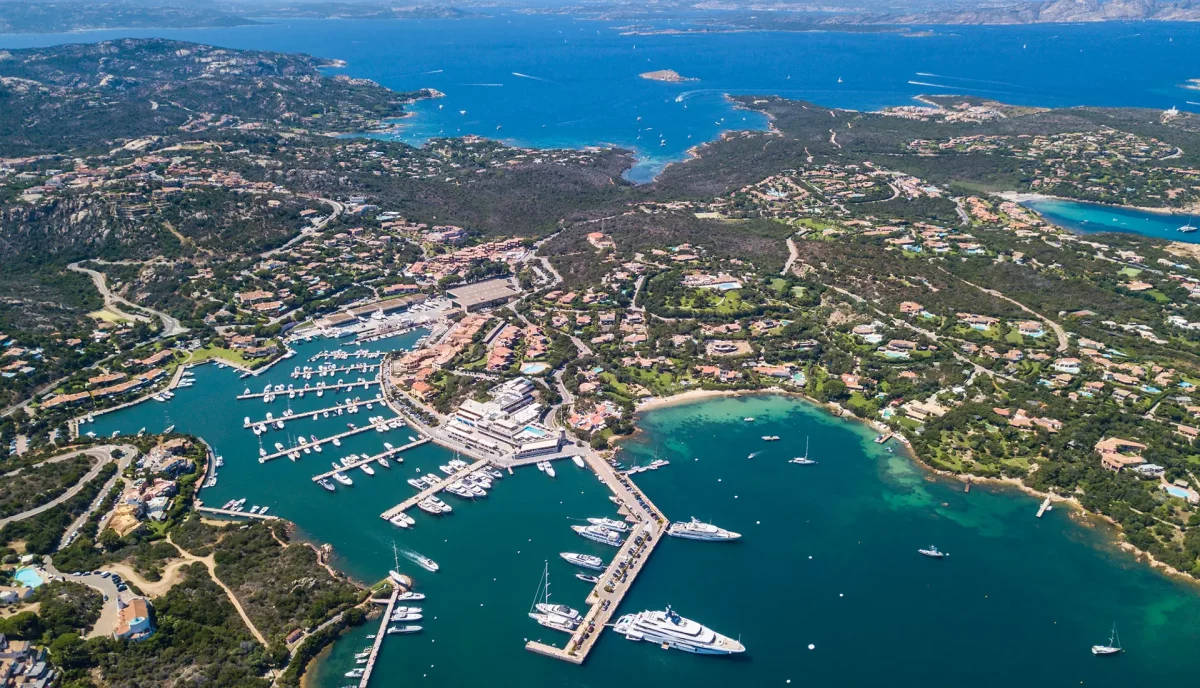 Aerial view Porto Cervo luxury marina Costa Smeralda Western Sardinia motor yacht