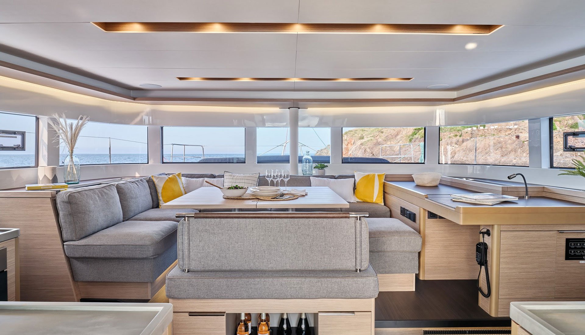 ELDAMAR yacht interior salon and galley modern Lagoon 51 catamaran Red Sea charter
