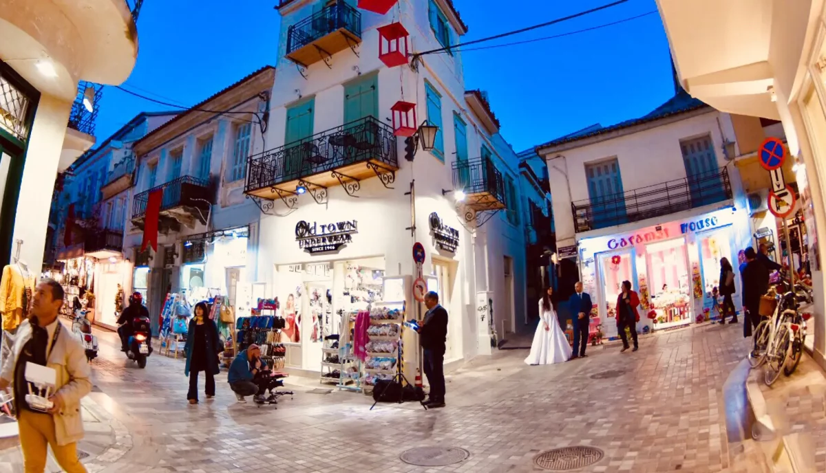 Romantic evening street scene in Nafplio Greece during destination wedding celebration with yacht charter