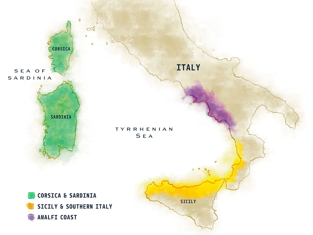 Map of Italy yacht charter regions showing Amalfi Coast in purple, Sicily and Southern Italy in yellow, and Corsica and Sardinia in green