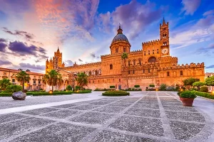 Aerial view of Palermo Sicily with historic city center, harbor, and Monte Pellegrino