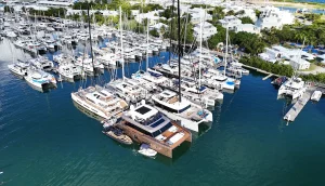 Aerial view of Caribbean yacht show marina with charter yachts