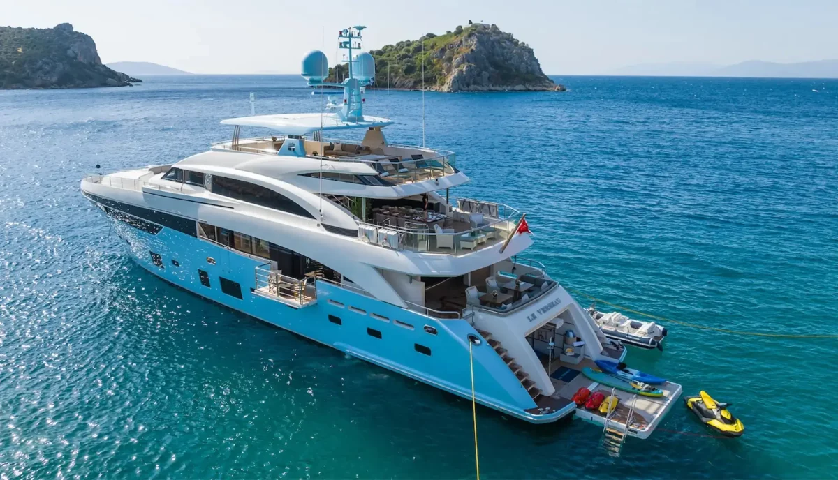 Luxury superyacht at anchor in pristine Caribbean bay
