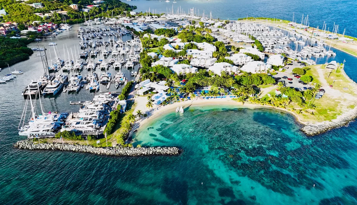 Aerial view of luxury charter yachts at Caribbean yacht show marina
