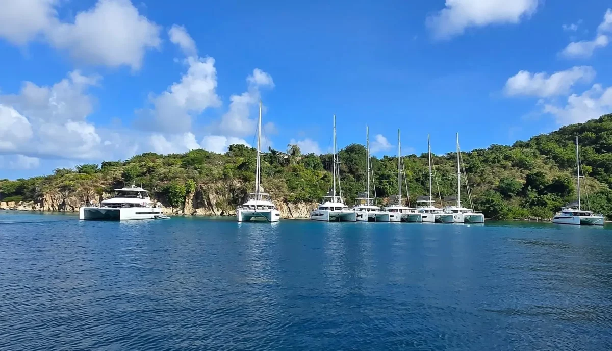 Little Harbour on Peter Island showing charter yachts anchored in protected waters with lush green hillside in the British Virgin Islands