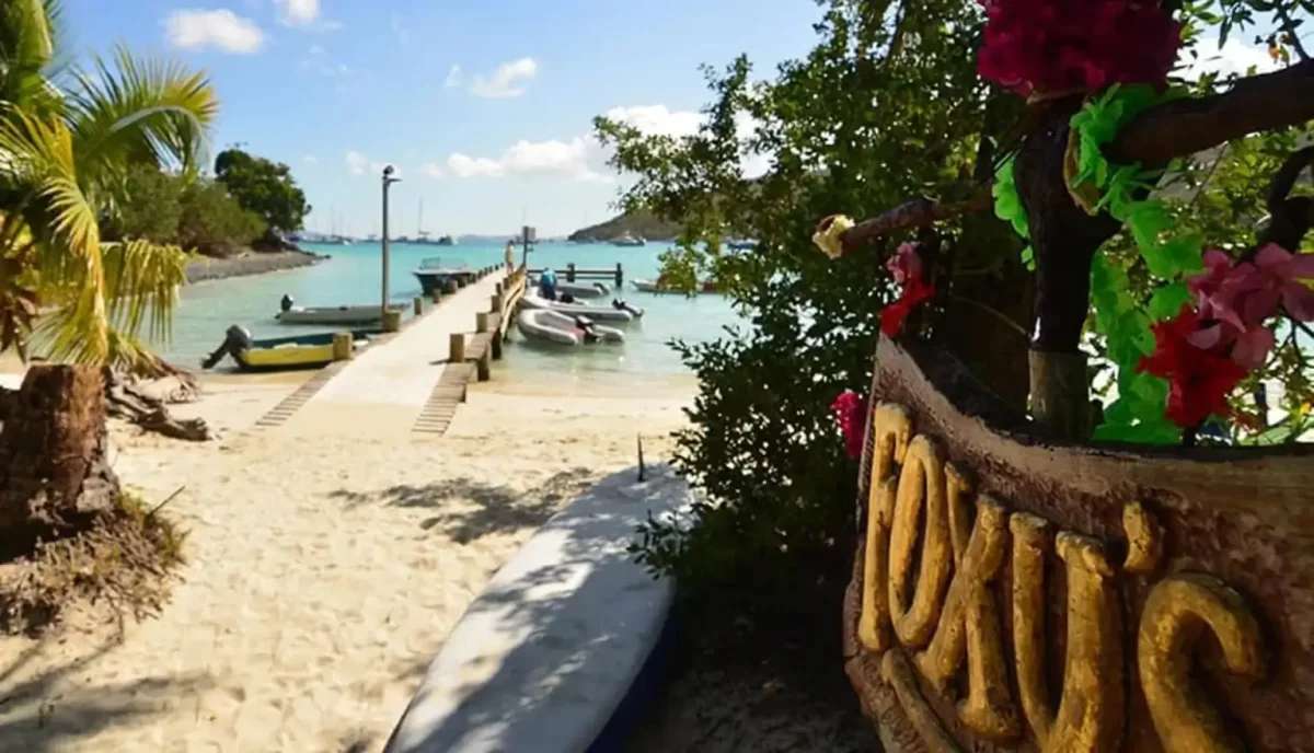 Foxy's Bar sign and dock at Great Harbour, Jost Van Dyke, British Virgin Islands
