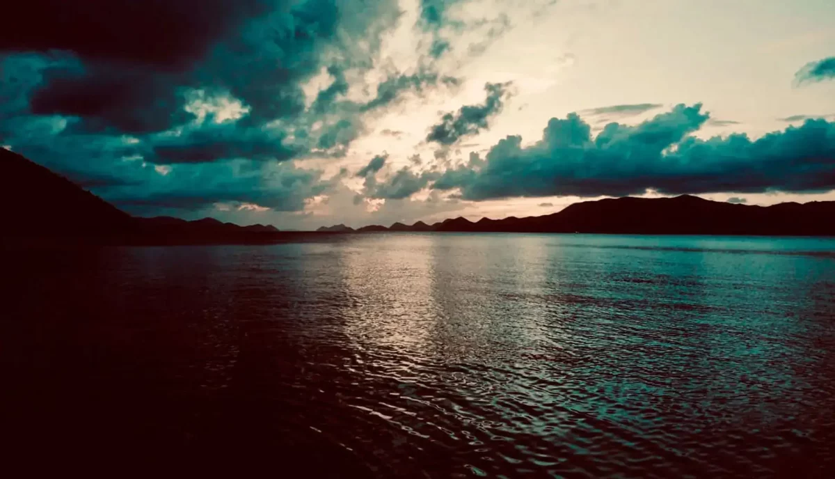 Twilight view from Great Harbour on Peter Island showing dramatic clouds over Sir Francis Drake Channel in the British Virgin Islands
