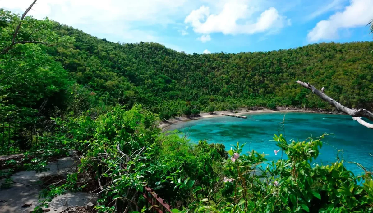 Overview of Little Harbour on Peter Island from hillside showing turquoise water, beach, and anchored yacht in the British Virgin Islands