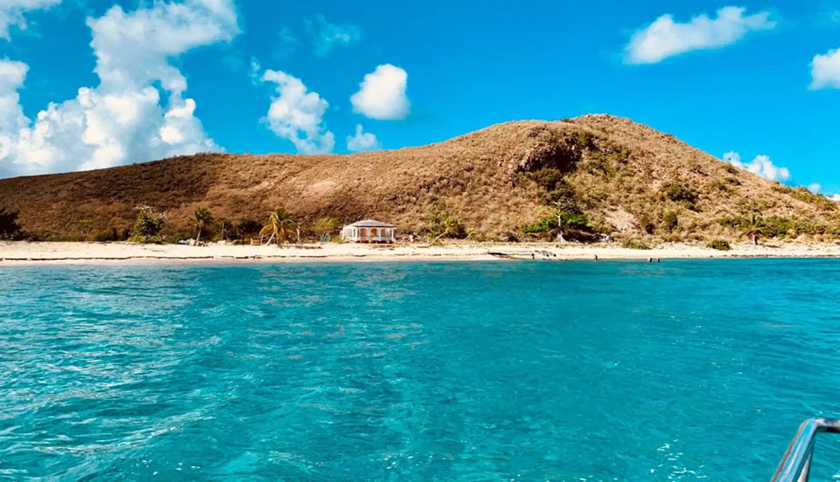 Aerial view of Settlement Beach on Salt Island in the British Virgin Islands showing turquoise Caribbean waters