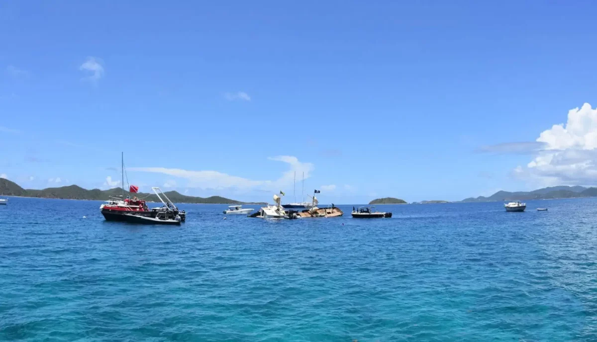 Willy T floating bar sinking off Peter Island in Key Bay, British Virgin Islands, August 2019