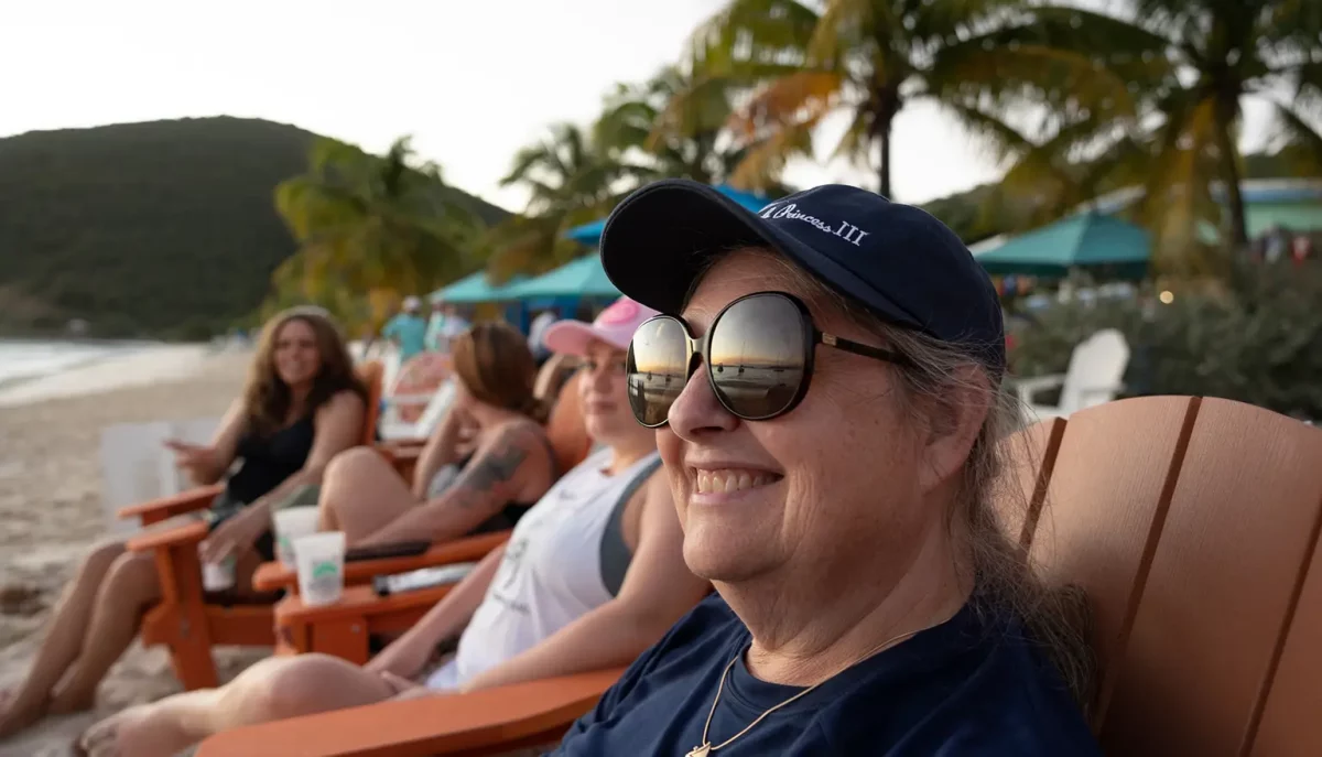 Charter guest relaxing at sunset at the Soggy Dollar Bar, White Bay, Jost Van Dyke, British Virgin Islands