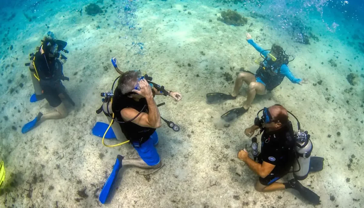 Open water scuba diving students completing certification dives in the British Virgin Islands