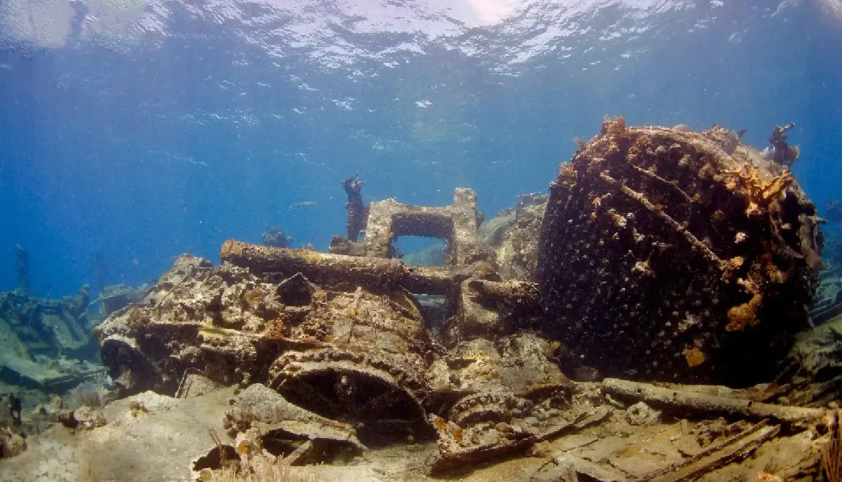 Coral-encrusted boiler from the Rocus wreck dive site near Anegada in the British Virgin Islands
