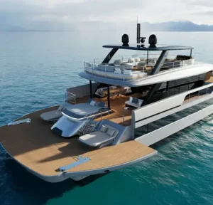 Miia Sunreef 88 luxury catamaran aft deck beach club charter BVI Caribbean