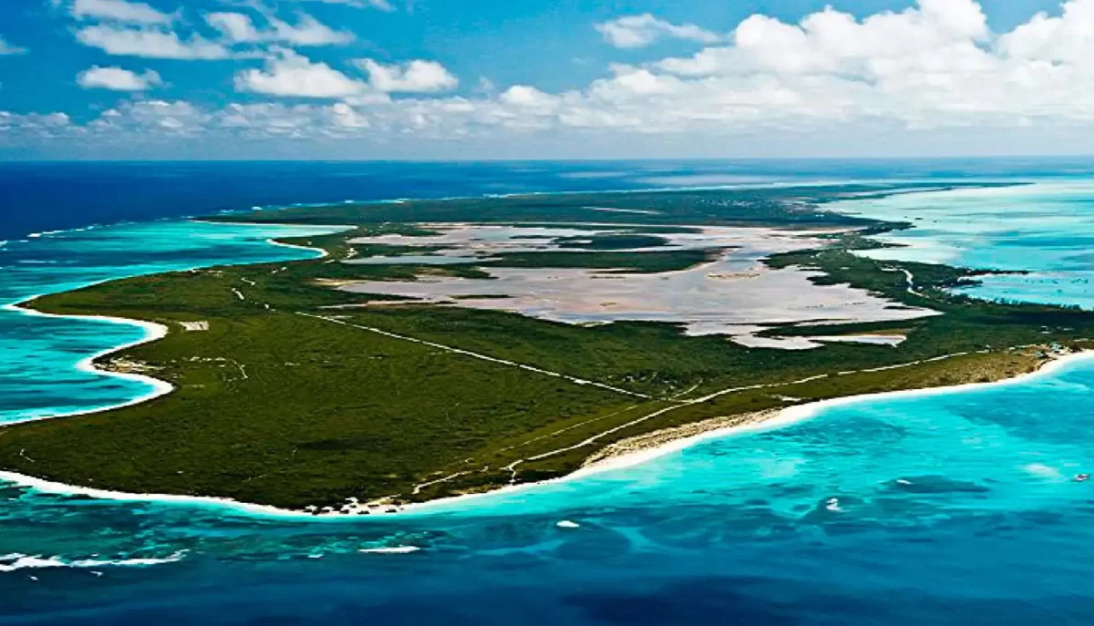Aerial drone view of Anegada BVI showing white sand beaches salt ponds and surrounding reef
