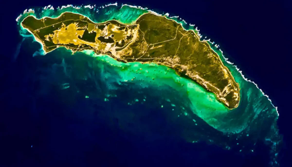 Anegada BVI photographed from the International Space Station showing coral reef and shallow turquoise water
