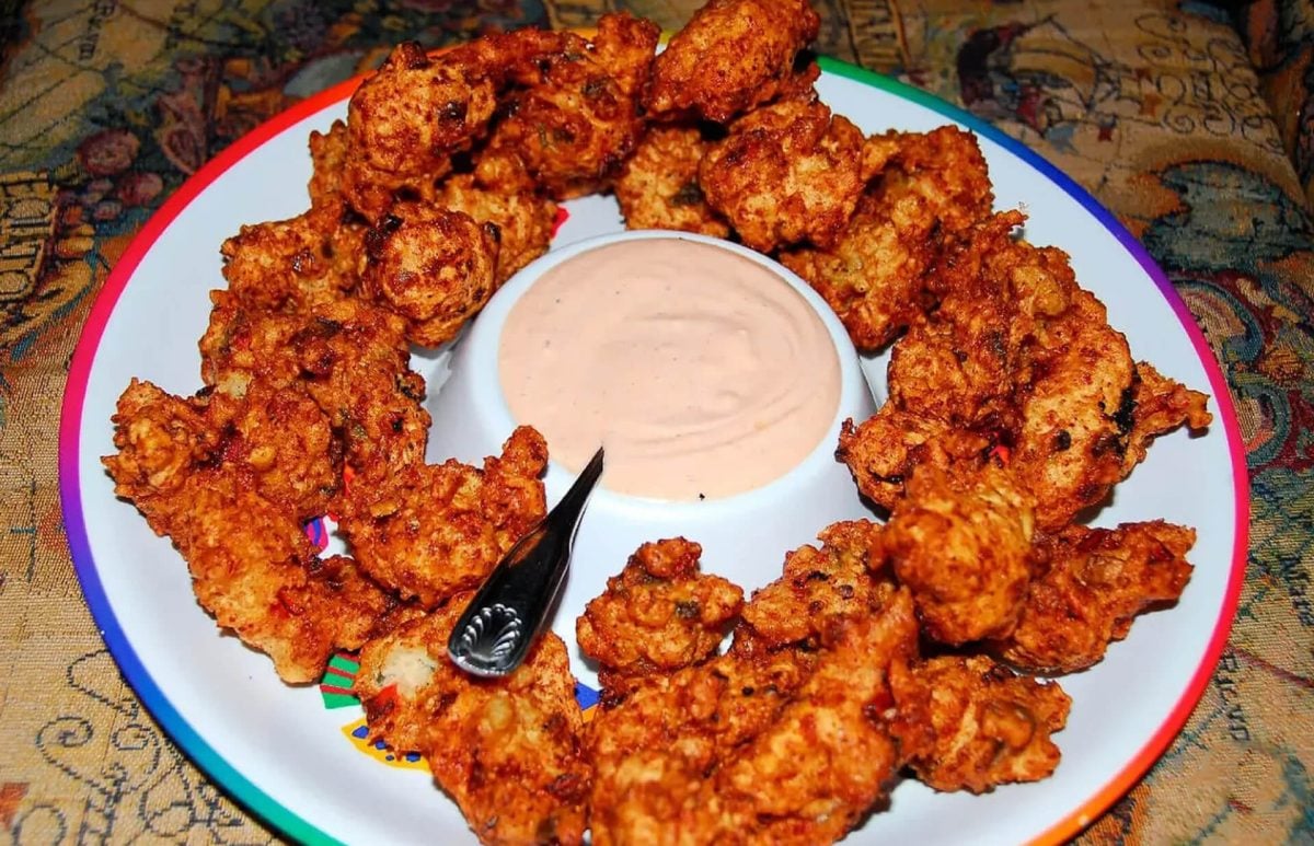Plate of BVI conch fritters with dipping sauce