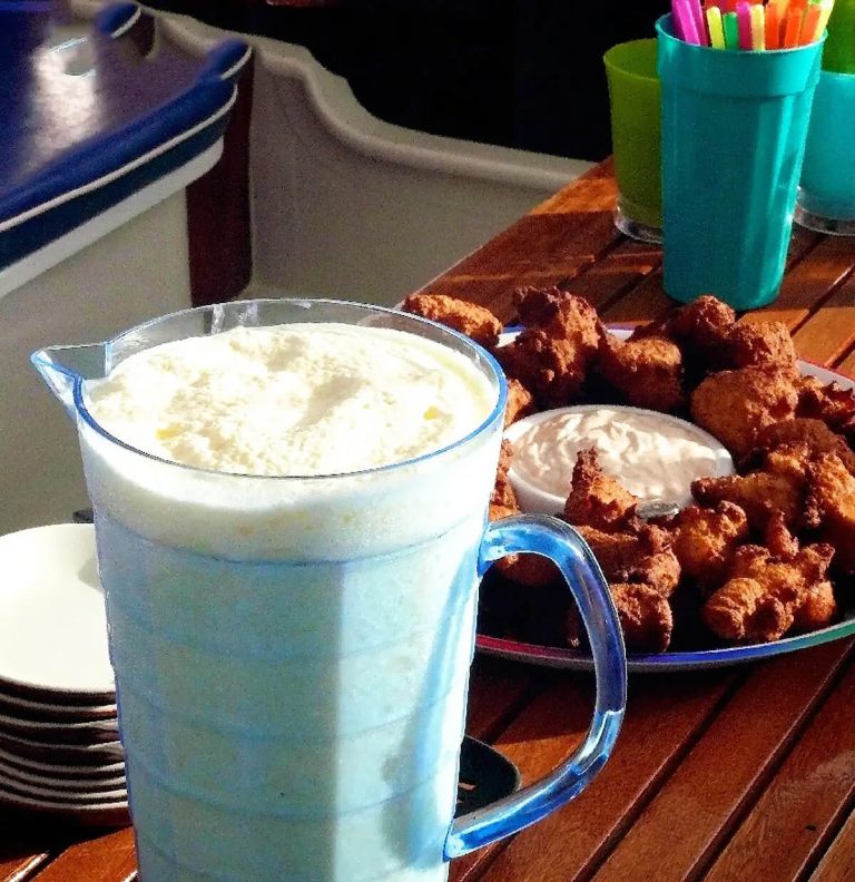 Conch fritters and a frozen cocktail at a BVI beach bar