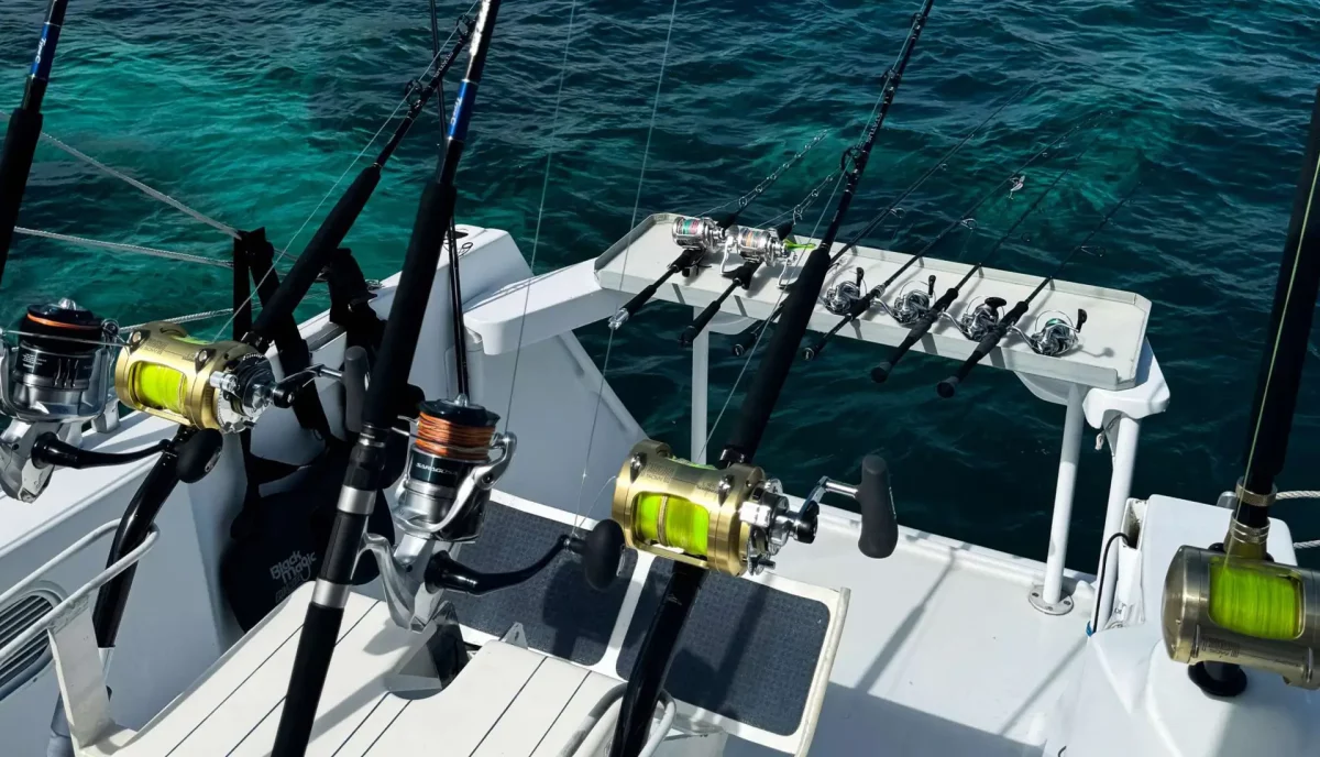 Fishing rods mounted on the stern of a luxury yacht in the British Virgin Islands, ready for offshore trolling.
