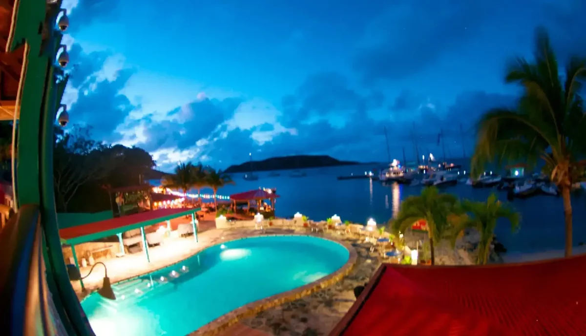 Leverick Bay pool and marina at night, Virgin Gorda BVI