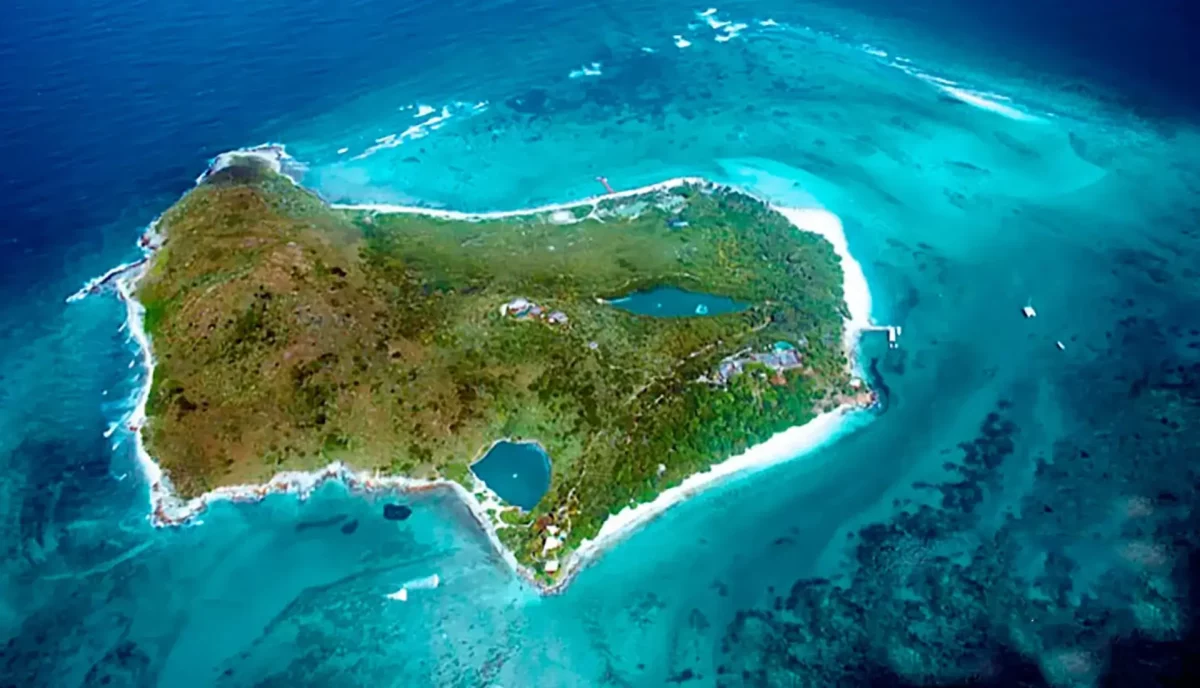 Aerial view of Necker Island and surrounding reef, BVI