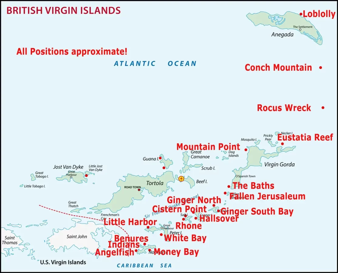 Map of the British Virgin Islands showing best snorkeling spots including The Indians, Eustatia Reef, Ginger Island, and Horseshoe Reef