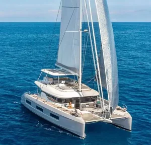 WISH Lagoon 60 catamaran under full sail in deep blue water off the Greek coast