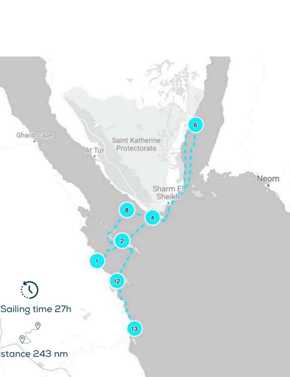 12-day yacht charter itinerary map Red Sea Egypt showing route from El Gouna to Dahab and Soma Bay with cultural excursions